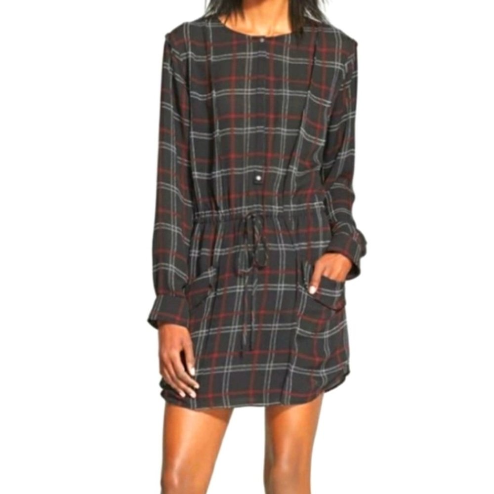 A.L.C. Simona Plaid 100% Silk Black Red Shirt Dress Size 8